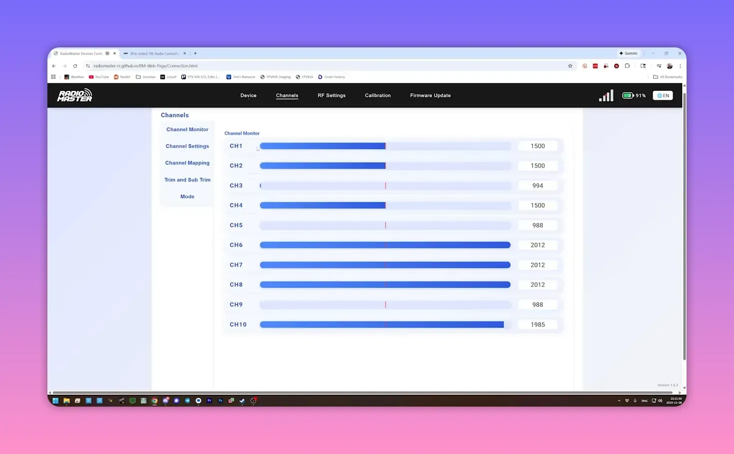 Screenshot of the RadioMaster web configurator channels monitor with channel sliders and numeric values