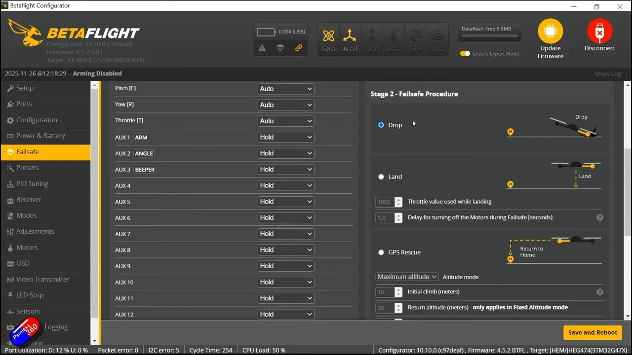 Betaflight Failsafe/config view listing AUX assignments with AUX1 = ARM, AUX3 = BEEPER and the failsafe procedure on the right