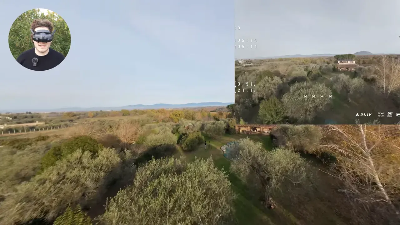 Wide FPV aerial view over fields and trees with small presenter inset and telemetry overlay