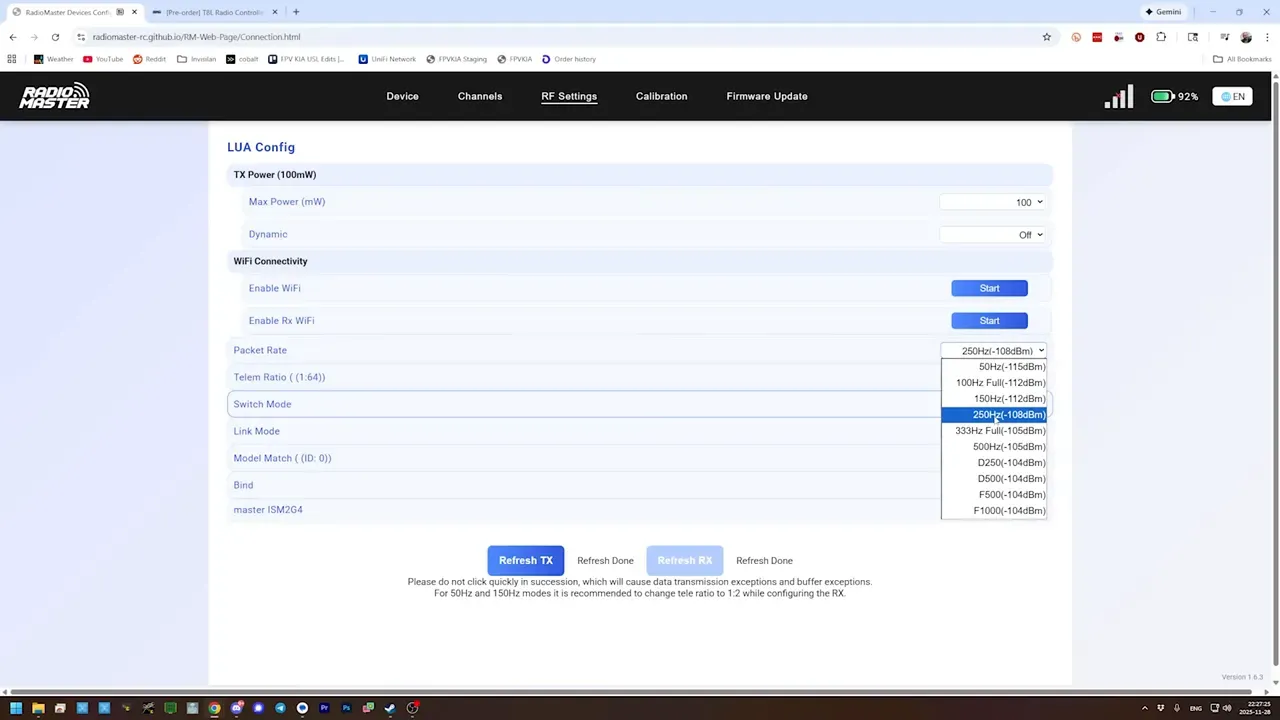 RadioMaster web configurator RF settings screen showing Packet Rate dropdown with 250Hz selected and TX Power set to 100 mW