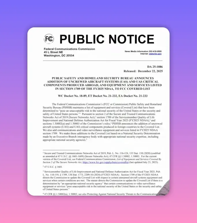 Well-centered screenshot of the FCC 'PUBLIC NOTICE' DA25‑1086 document with the presenter visible at right