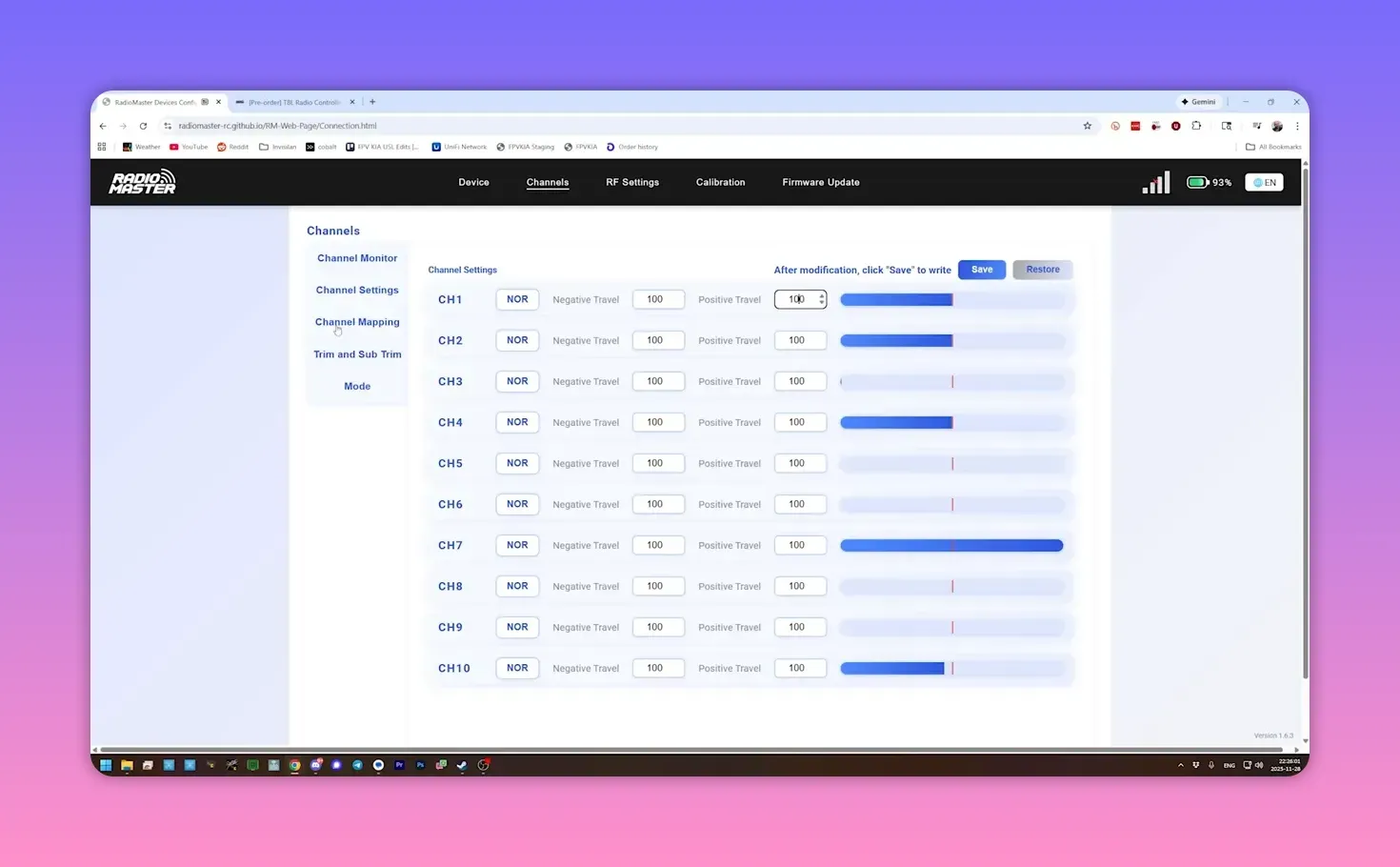 RadioMaster web configurator Channels screen clearly showing channel list, negative/positive travel values and endpoint sliders for CH1–CH10