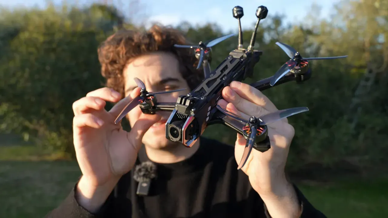 Front-facing view of HGLRC NBlade MAX with camera installed and visible propellers