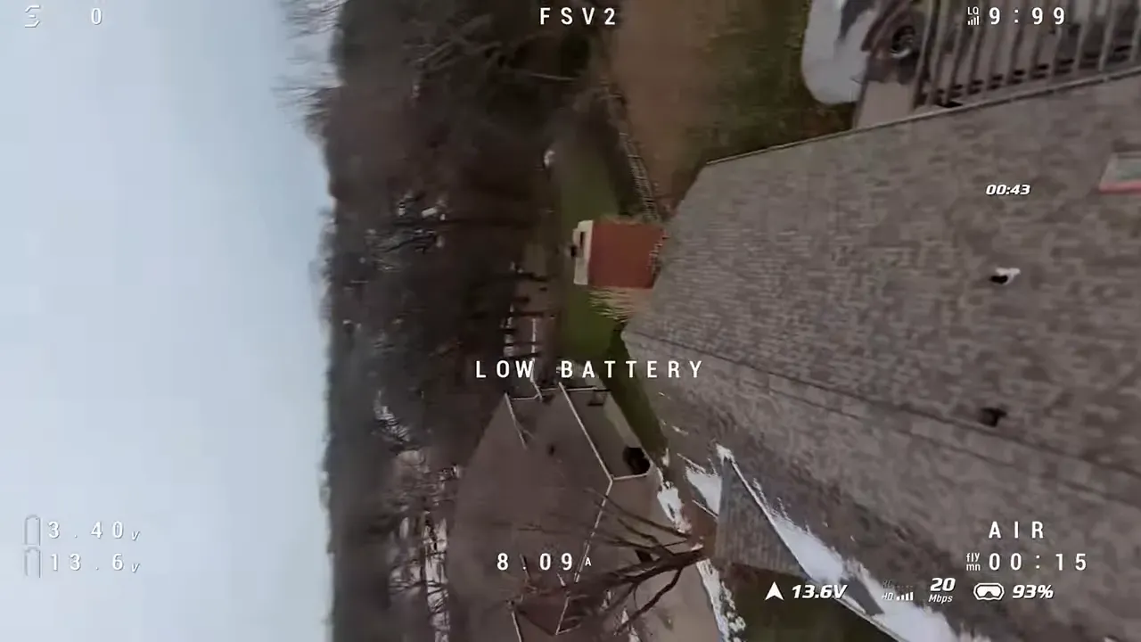 FPV DVR frame showing a tight rooftop view with an on‑screen