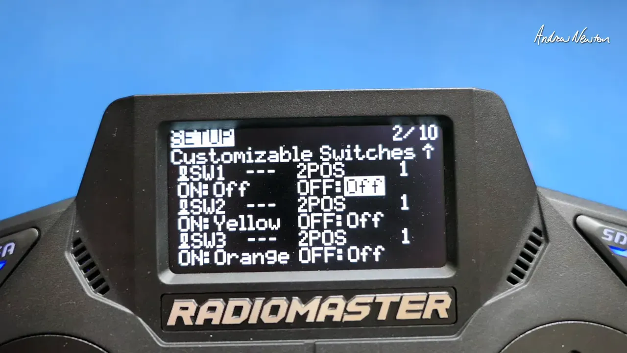 Radiomaster GX12 screen clearly showing the 'Customizable Switches' menu with switch names, ON colours (Pink, Yellow, Orange) and group numbers visible.