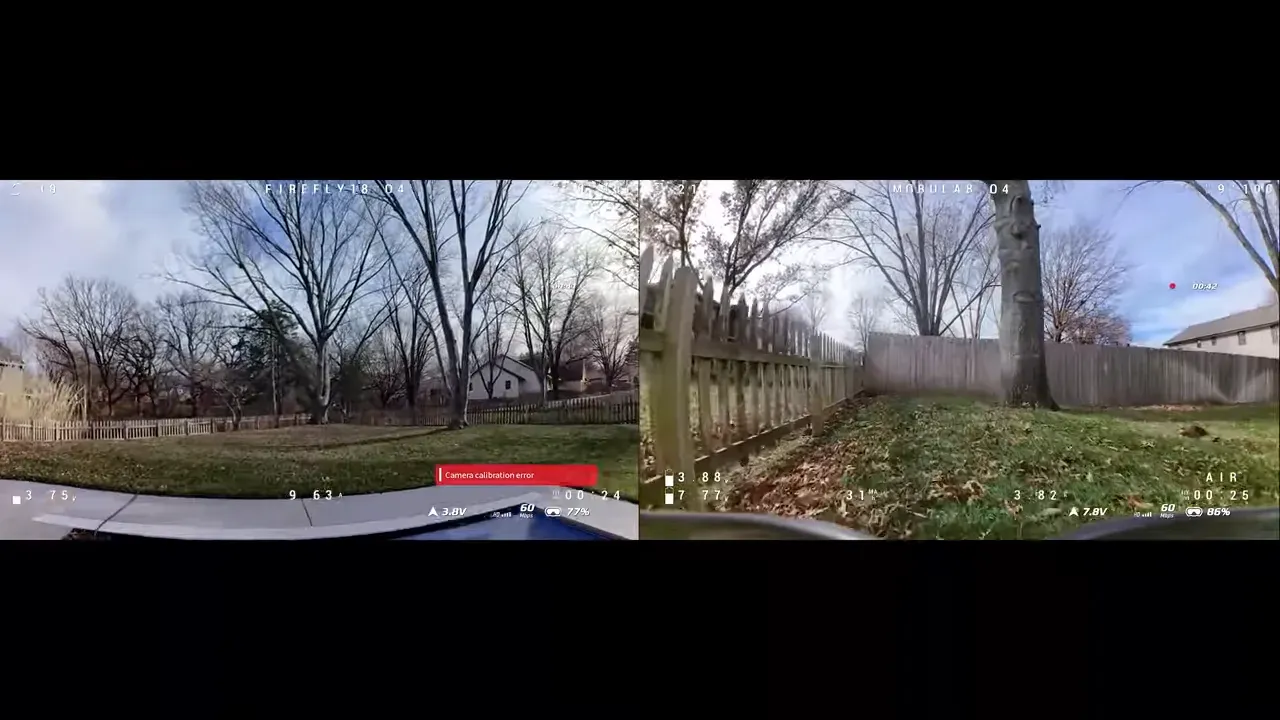 Split DVR frame comparison: wide open lawn on the left and a close fence on the right, with a red 'Camera calibration error' banner and visible telemetry