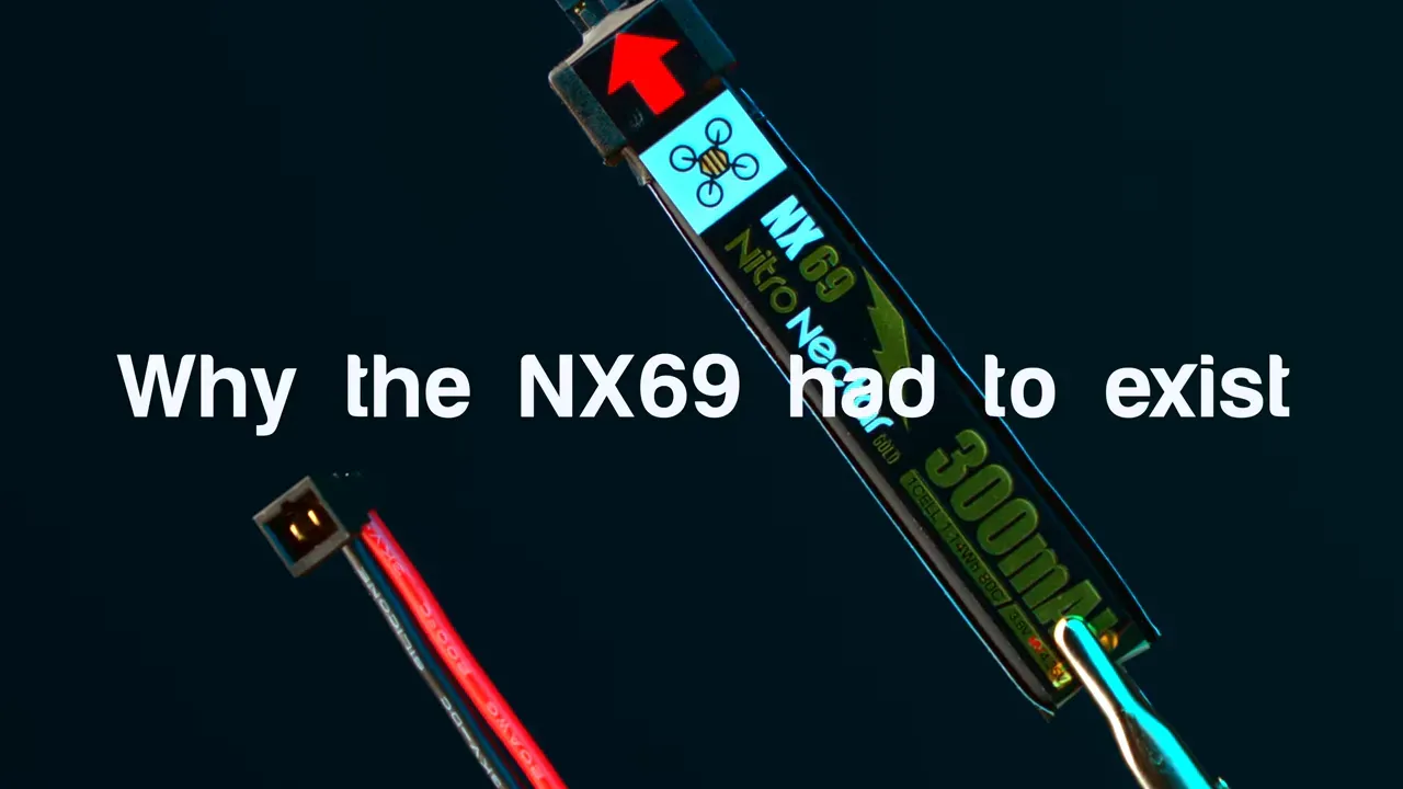 Close-up of Nitro Nectar NX69 300mAh battery and PH2.0 lead with overlay text 'Why the NX69 had to exist'