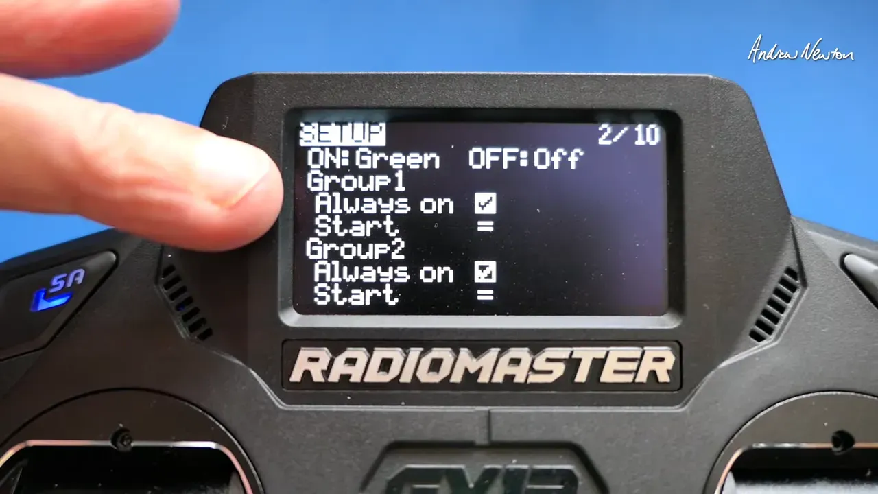 Clear view of Radiomaster GX12 Model Setup screen showing Group1 and Group2 options with 'Always on' and 'Start' settings