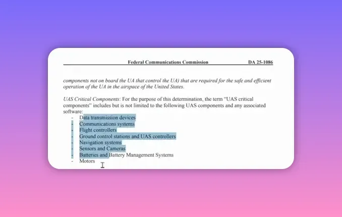 Clear screenshot of FCC DA25-1086 PDF page with the UAS critical components highlighted (data transmission, communications, flight controllers, ground control, navigation, sensors and cameras, batteries/BMS, motors) and presenter at right.