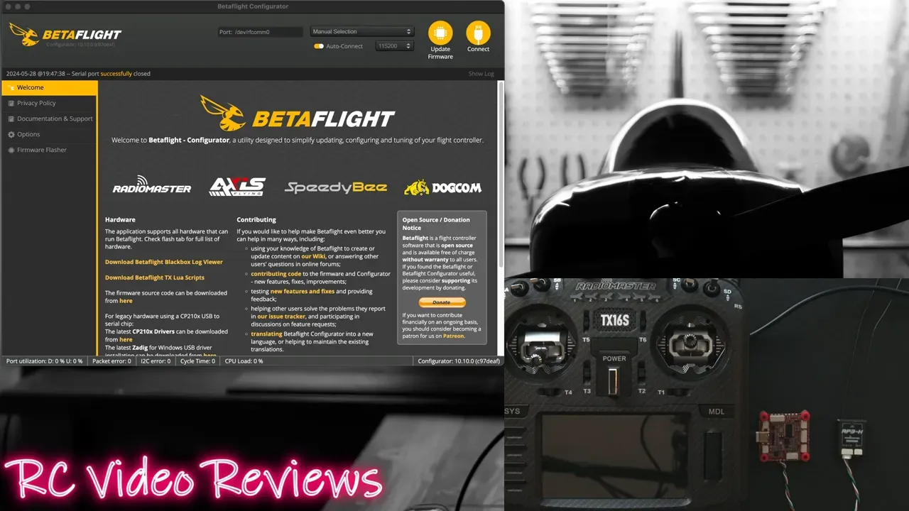 Betaflight Configurator window on a computer screen next to an RC radio and receiver on a workbench