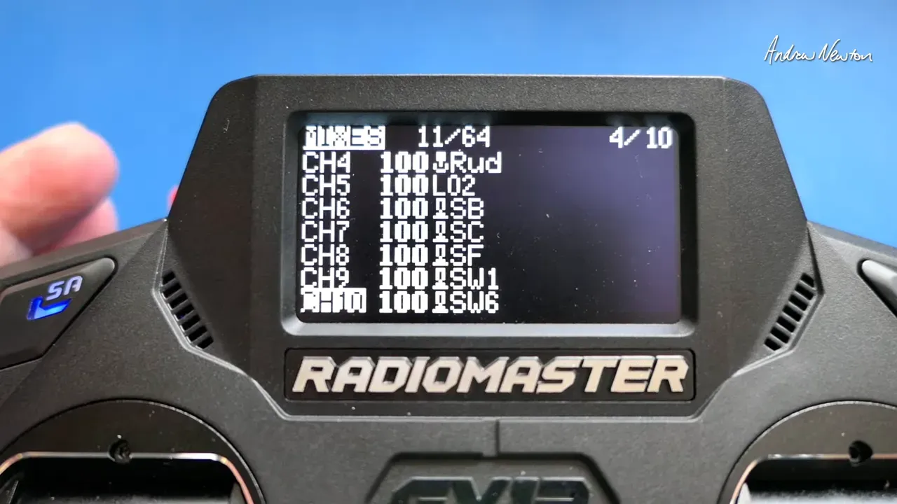 Radiomaster screen listing mixers with CH4 through CH10 and their assigned sources (for example CH9 = SW1, CH10 = SW6), clear front-panel view of the transmitter display