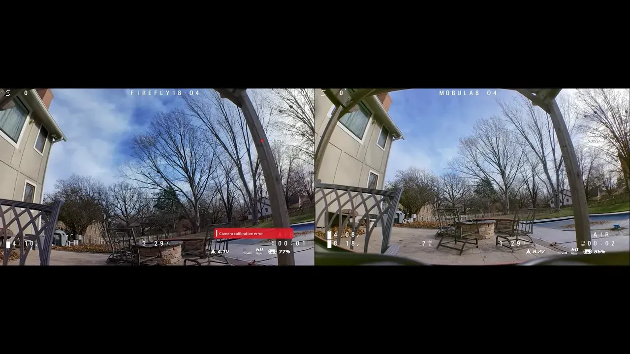 Split-screen DVR comparison with left feed showing a red 'Camera calibration error' overlay and right feed showing a wider, clearer backyard view