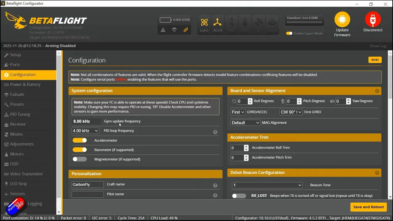 Betaflight Configurator Configuration tab with gyro update frequency 8.00 kHz, PID loop 4.00 kHz and system settings