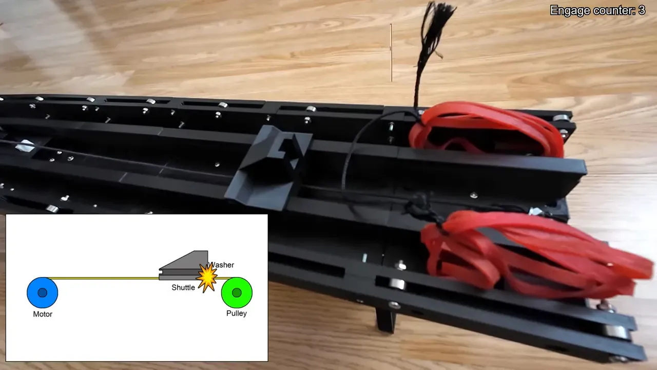 Drone Slinger V2 rails with inset diagram showing shuttle, motor and pulley engagement