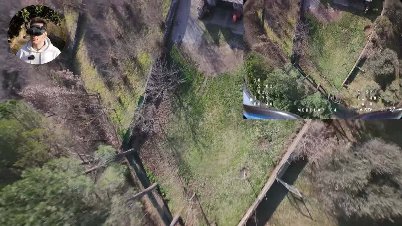 FPV screenshot looking down over a yard with HUD overlay and small presenter facecam — demonstrates composed Mobula 8 flight.