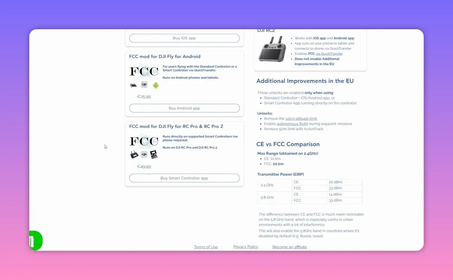 Clear screenshot of the Drone Tweaks product page showing prices for iOS/Android/RC Pro mods and text that lists 'Remove the 120m altitude limit' among the unlocks.