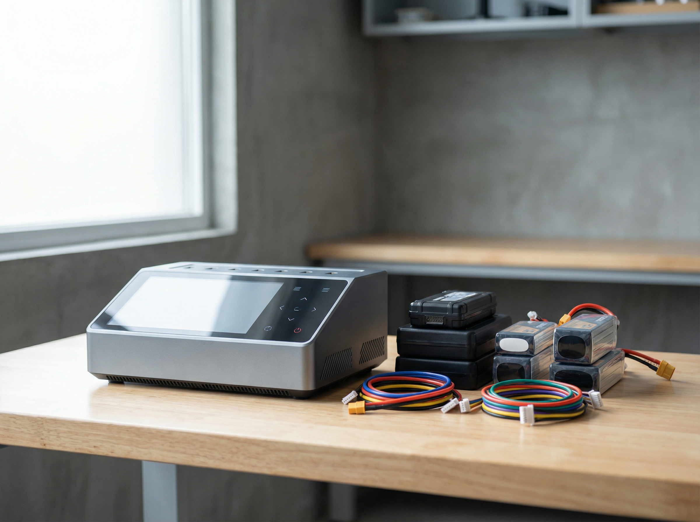 Photorealistic wide shot of a modern RC battery charger on a clean workshop bench, multiple LiPo batteries and charge leads neatly arranged, soft natural daylight, neutral background, DSLR photography, clean technical look, no text, no logos, realistic colours