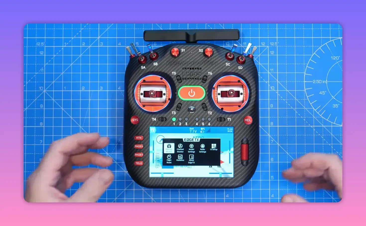 Clean top-down image of RadioMaster TX16S MK3 showing gimbals, switches and touchscreen