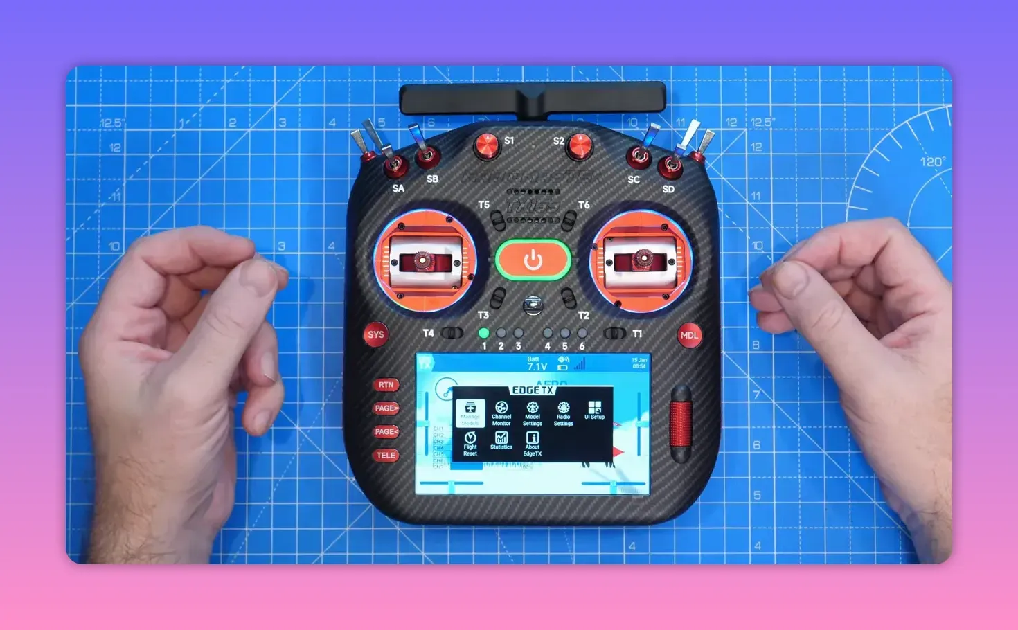 Clean top-down image of RadioMaster TX16S MK3 showing gimbals, switches and touchscreen with minimal hand intrusion