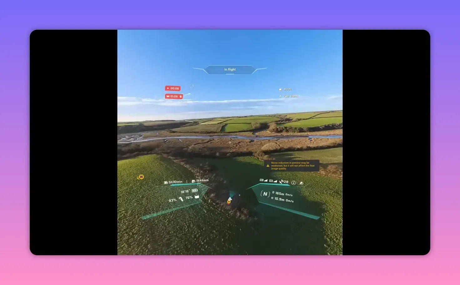 Clear FPV goggles view showing horizon, telemetry and 'In flight' HUD over farmland