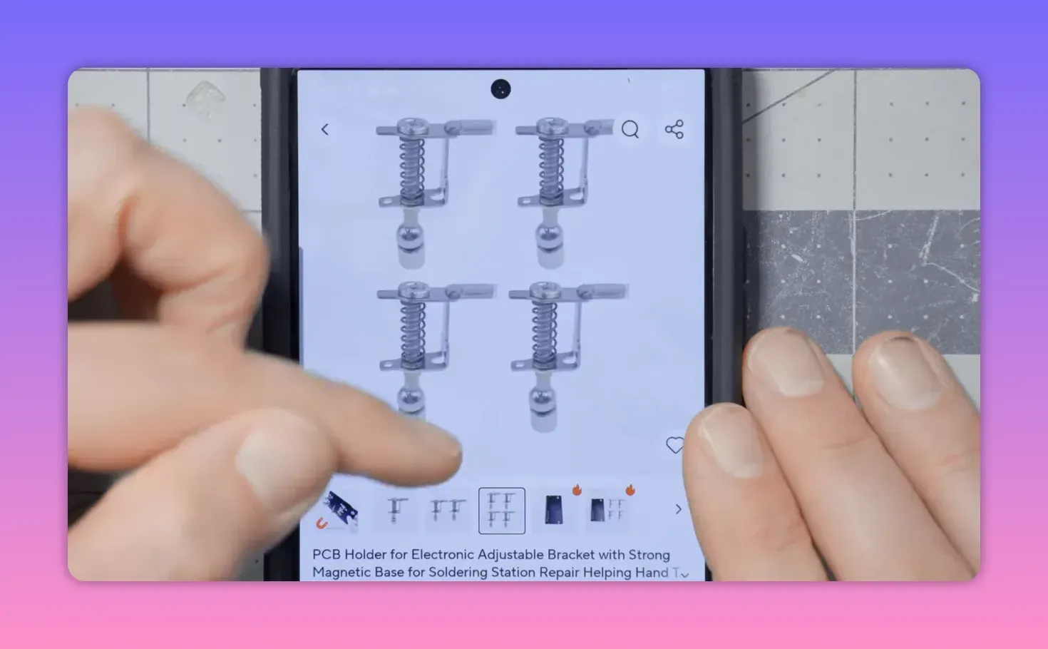 Smartphone showing a product page with four spring‑loaded helping‑hand assemblies arranged in a 2x2 grid and thumbnails below; fingers sit at the edges of the phone