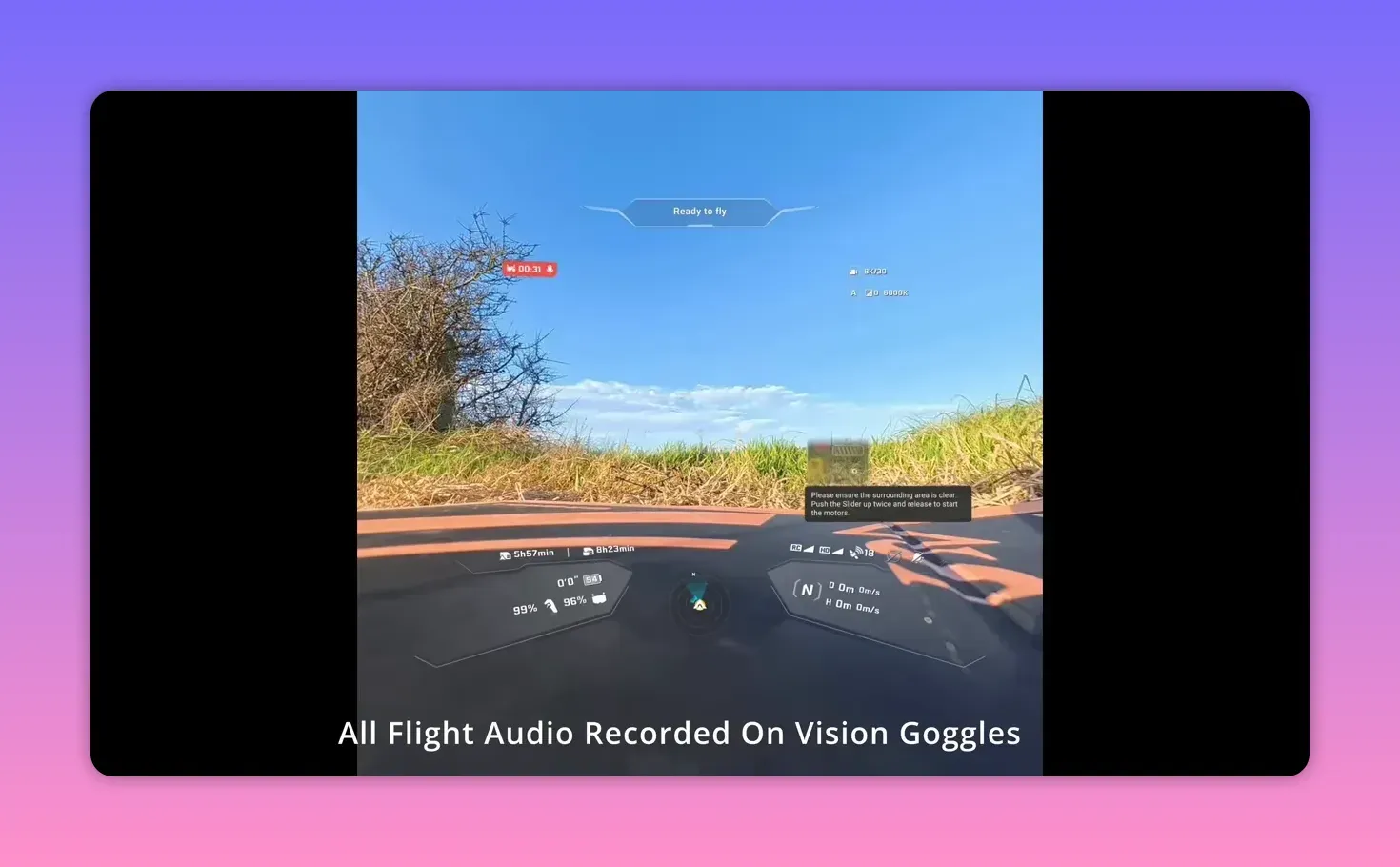 Clear FPV goggles view showing Anti-Gravity A1 top plate, 'Ready to fly' HUD overlay and surrounding launch area.