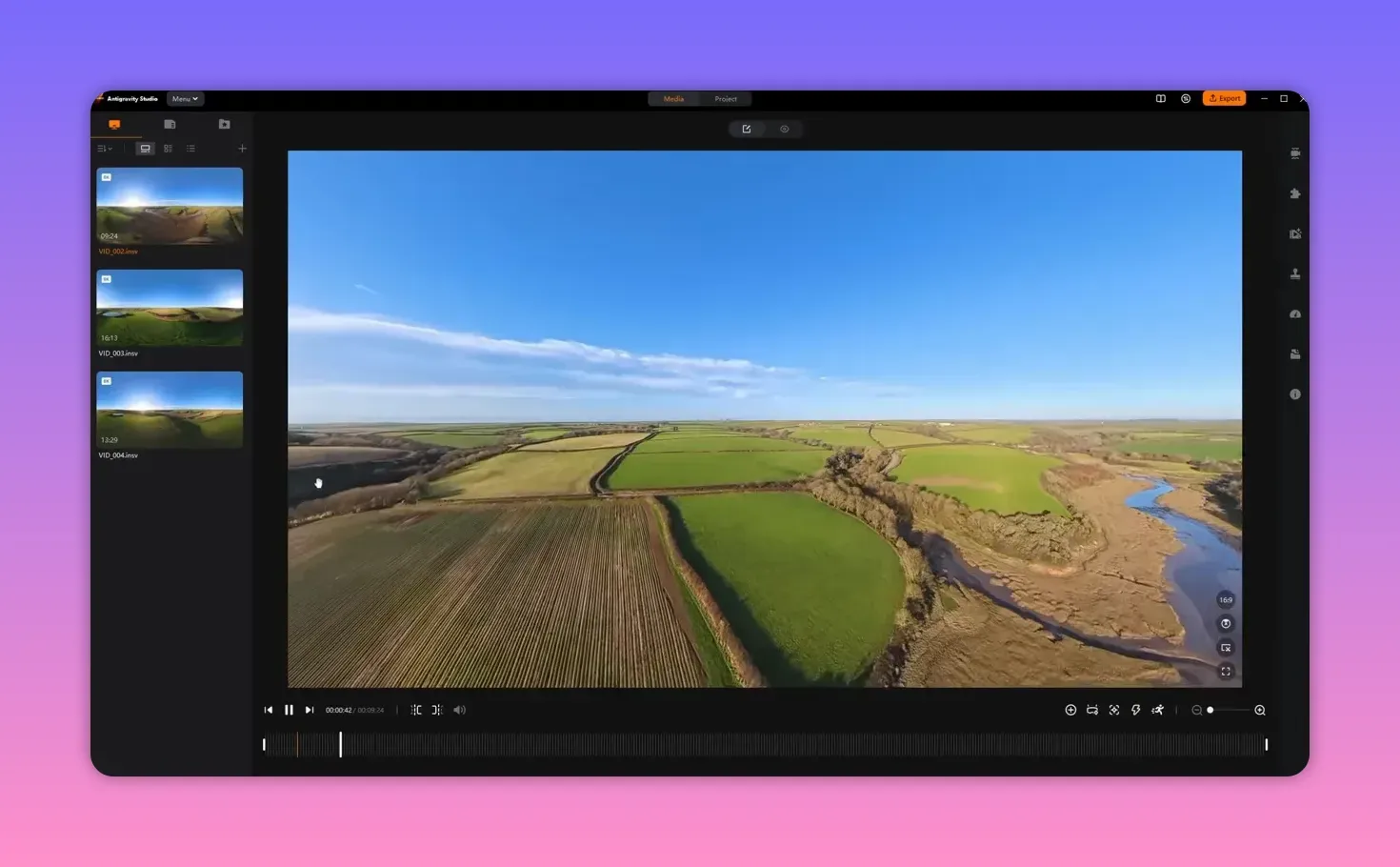 Anti-Gravity Studio preview of A1 360 footage showing forward-right flight view, horizon and fields