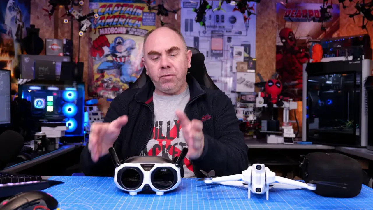 Antigravity A1 Vision goggles on a workbench with the Antigravity A1 drone beside them