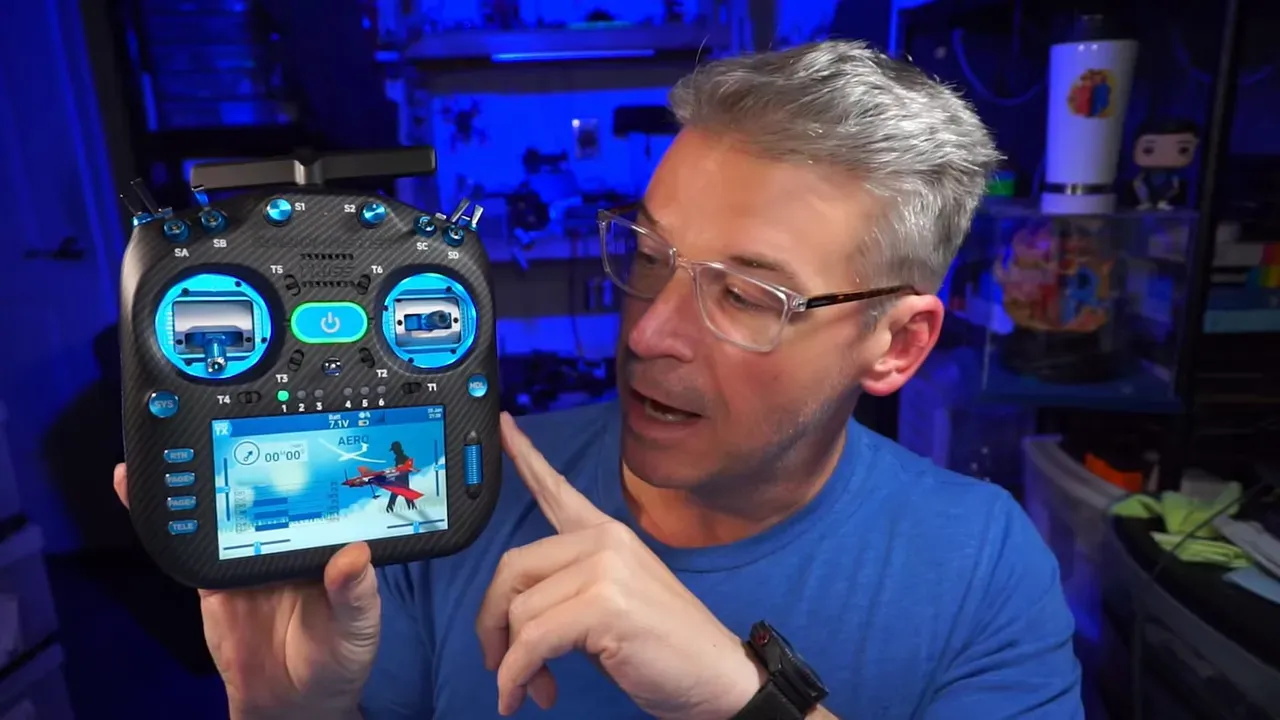 RadioMaster TX16S Mk3 Max front view showing 480x800 touchscreen and blue aluminum gimbals