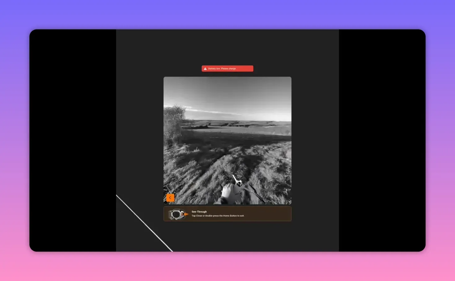 Wide FPV goggles view showing open landscape horizon and in‑goggles UI overlays