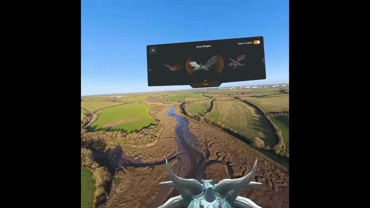 Goggles view with virtual cockpit selection showing 'Azure Dragon' overlay above a riverscape
