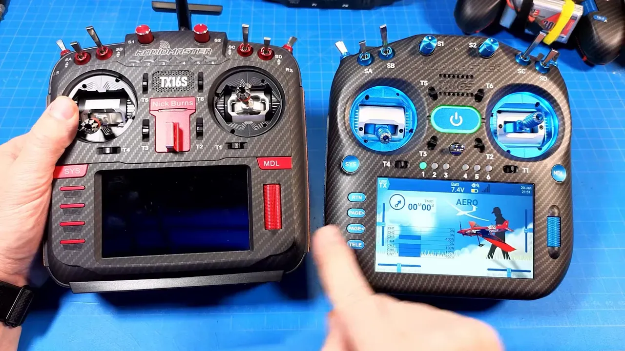 RadioMaster TX16S Mk3 Max and another TX16S side-by-side showing CNC AG012 gimbals and stick layout
