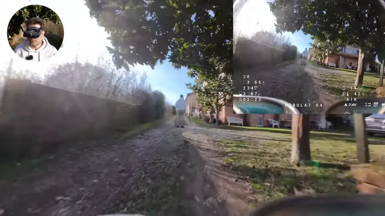 FPV DVR frame down a dirt path with visible horizon wobble and presenter inset indicating jello vibration