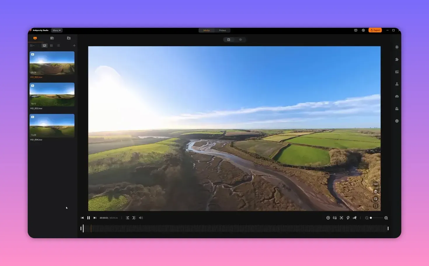 Anti‑Gravity Studio interface with 360 footage preview, timeline controls and media thumbnails, ready for export or conversion