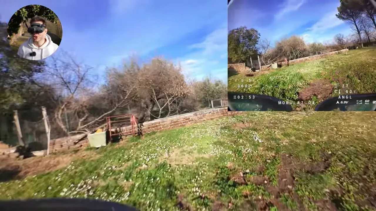 Low-level FPV wide view of a grassy yard with trees, HUD and presenter inset during a chase flight