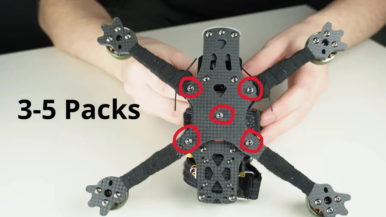 Close-up underside of an FPV quad showing main arm screws circled with the text '3-5 Packs'.