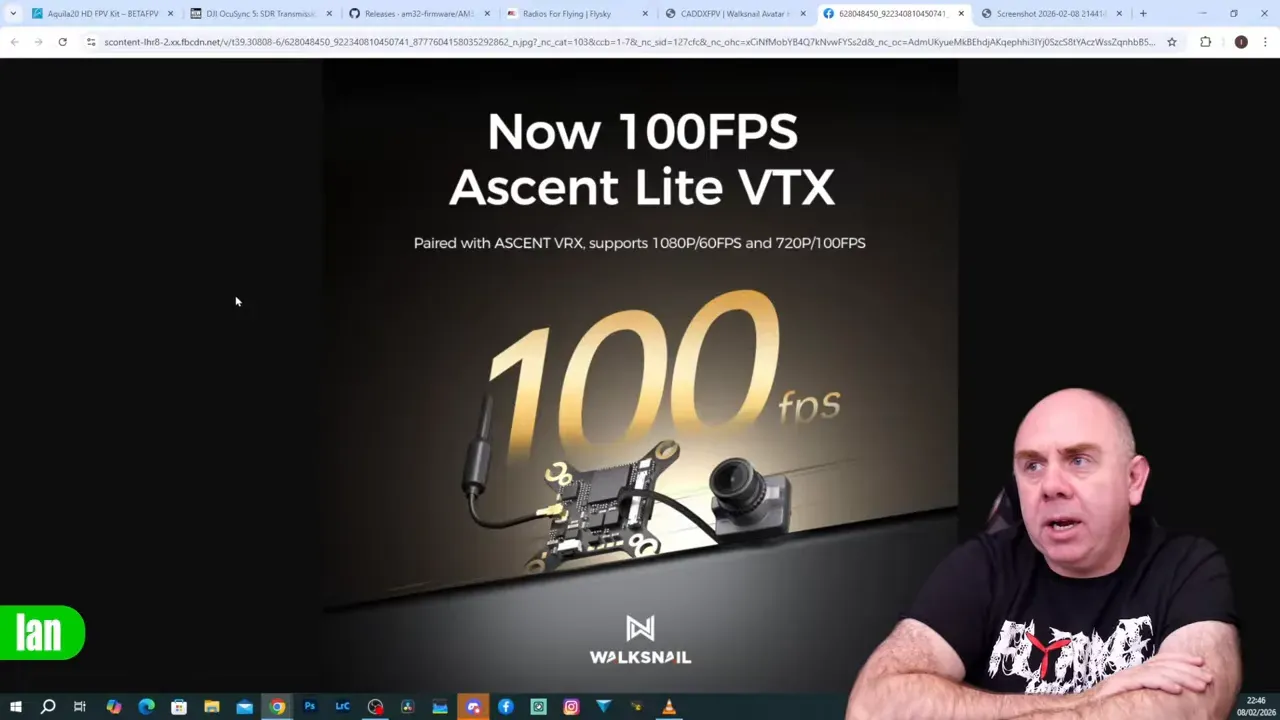 Centered promotional graphic 'Now 100FPS Ascent Lite VTX' with clear product image and presenter in the lower-right corner.