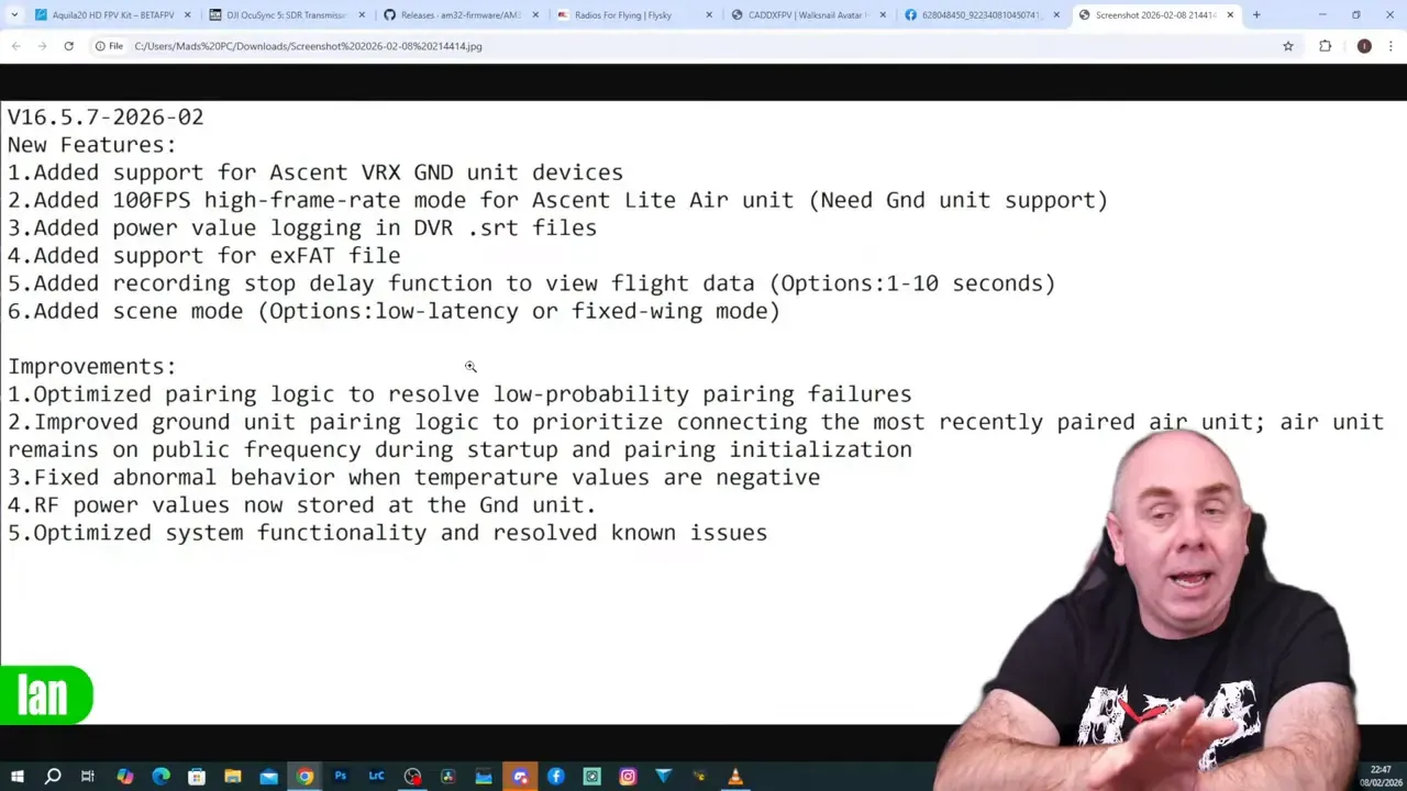 Caddx firmware changelog screenshot clearly showing 'Added 100FPS high-frame-rate mode' and listed improvements with presenter gesturing at the right