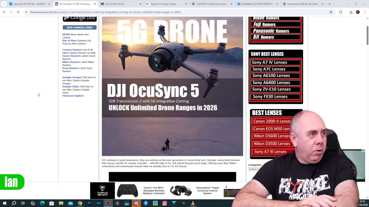 Cropped screenshot emphasizing the 'DJI OcuSync 5' promotional graphic with presenter at lower-right