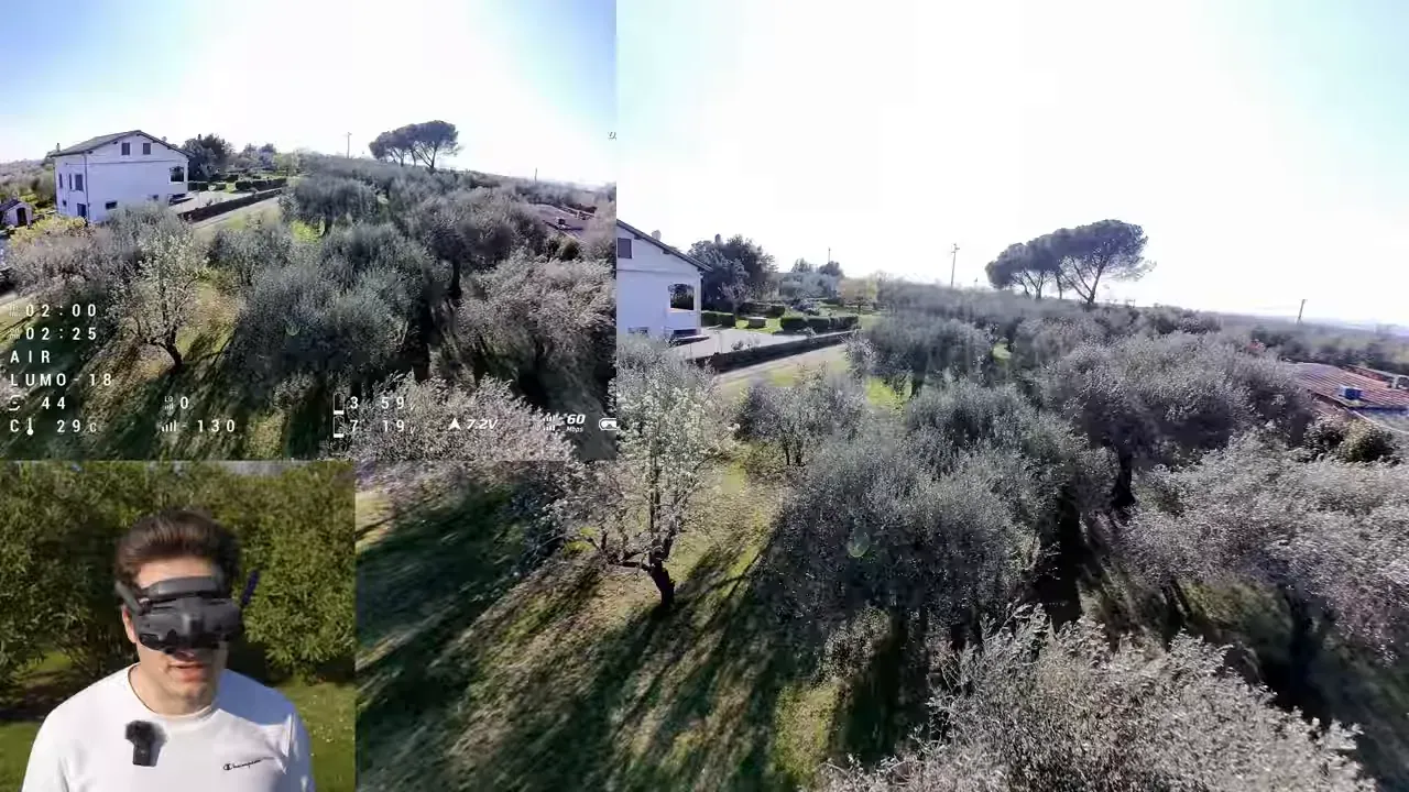 DJI O4 Lite FPV wide-angle screenshot with HUD overlay showing Oxbot Lumo18 flying past bushes and hills in spring