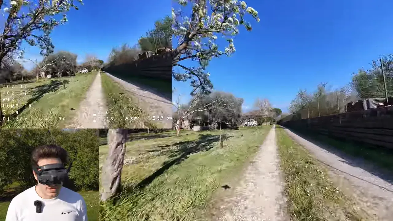 DJI O4 Lite FPV screenshot of Oxbot Lumo18 chicken chase outdoor flight down a yard path with trees and bushes