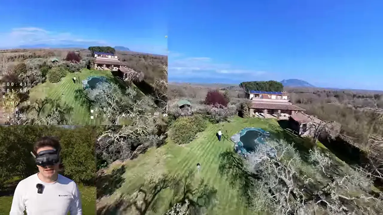 Oxbot Lumo18 flying in Acro mode in a backyard with houses and hills in the background