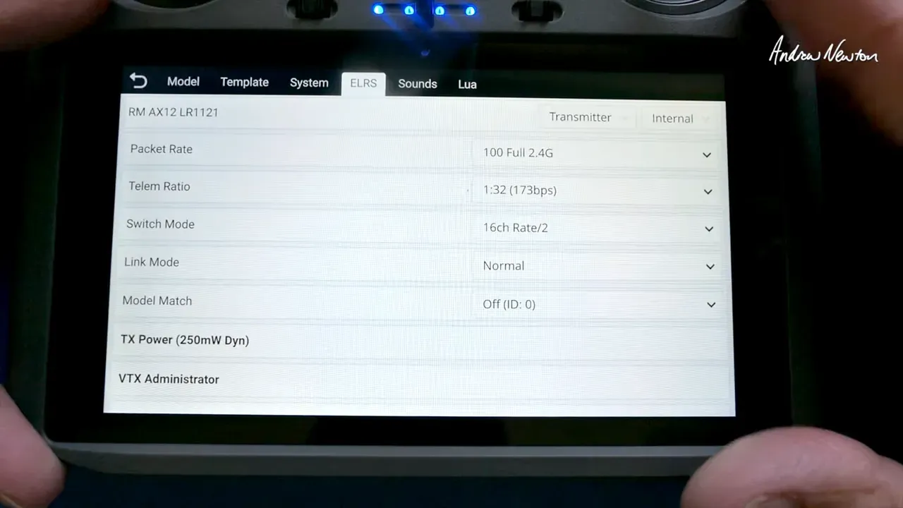 Clear view of Radiomaster AX12 ELRS configuration options including packet rate and TX Power 250mW Dyn