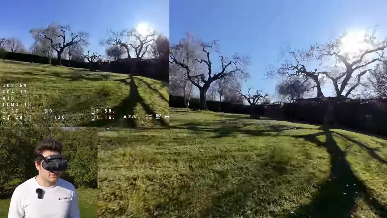 DJI O4 Lite wide-angle FPV screenshot of Oxbot Lumo18 flying outdoors over a grassy slope with HUD overlay