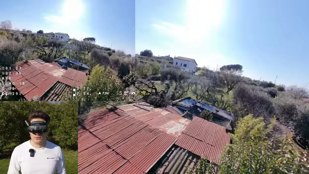 Wide-angle FPV footage view from the DJI O4 Lite showing a backyard flight over rooftops and trees