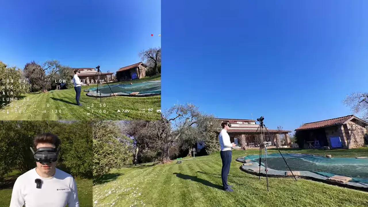 DJI O4 Lite FPV view showing Oxbot Lumo18 flying outdoors in strong spring wind over a backyard