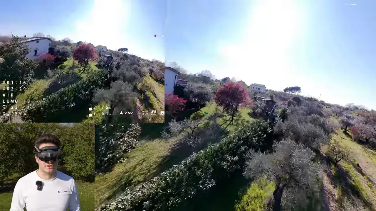 DJI O4 Lite wide-angle FPV screenshot showing Oxbot Lumo18 outdoors with HUD overlay during Acro flight