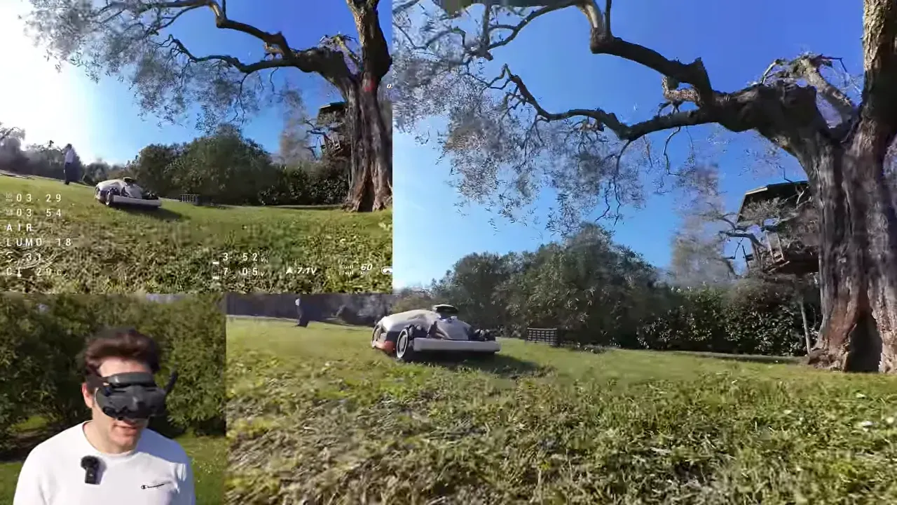 DJI O4 Lite FPV wide-angle view of a backyard with on-screen HUD and author inset