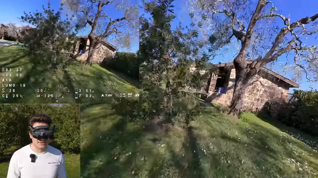 DJI O4 Lite FPV view of the Oxbot Lumo18 flying outdoors in low battery with on-screen HUD during a second, harder flight