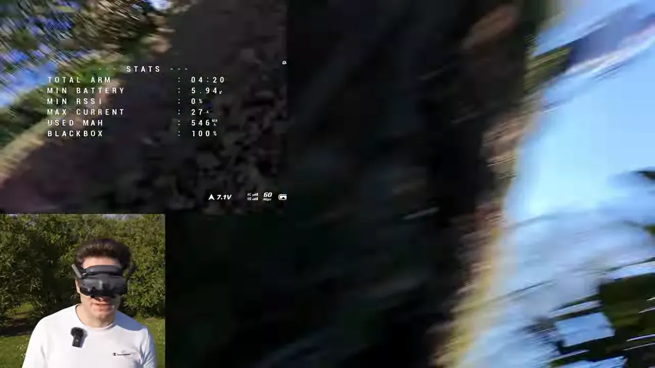 DJI O4 Lite FPV view with on-screen stats during Oxbot Lumo18 flight showing smooth GyroFlow result